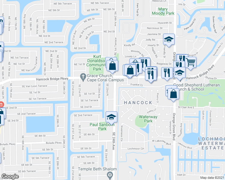 map of restaurants, bars, coffee shops, grocery stores, and more near 104a Southeast 24th Avenue in Cape Coral