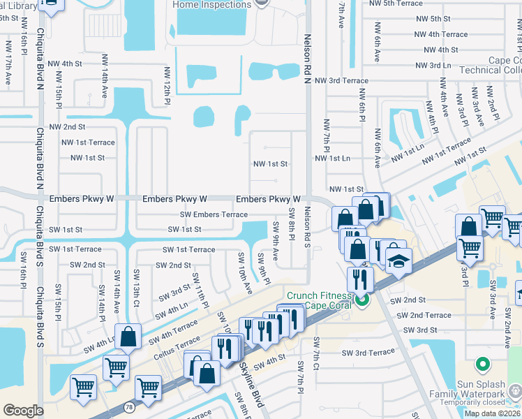 map of restaurants, bars, coffee shops, grocery stores, and more near 900 Southwest Embers Terrace in Cape Coral