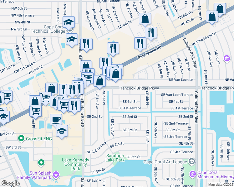 map of restaurants, bars, coffee shops, grocery stores, and more near 209 Southeast Van Loon Terrace in Cape Coral