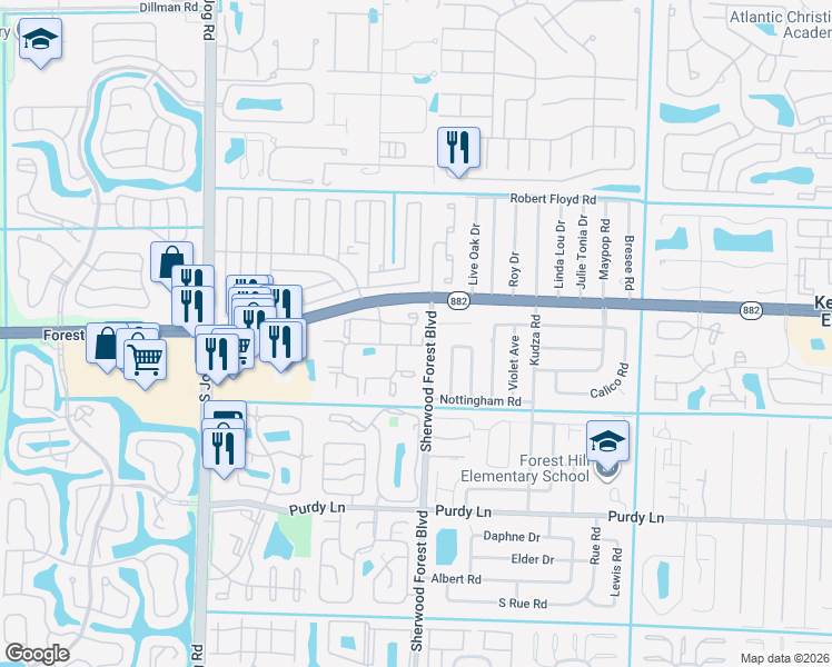 map of restaurants, bars, coffee shops, grocery stores, and more near 6048 Forest Hill Boulevard in West Palm Beach