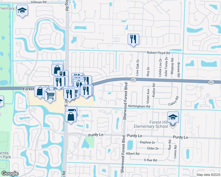 map of restaurants, bars, coffee shops, grocery stores, and more near 6164 Forest Hill Boulevard in West Palm Beach