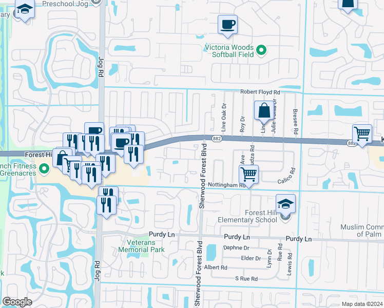 map of restaurants, bars, coffee shops, grocery stores, and more near 1887 Sherwood Forest Boulevard in West Palm Beach