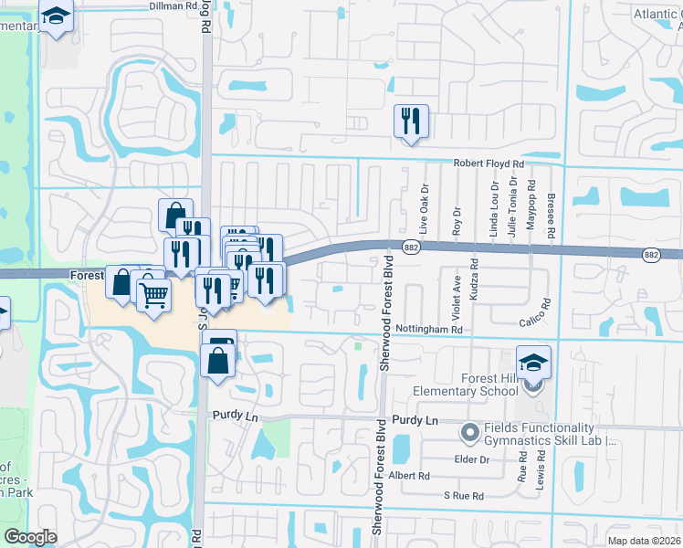 map of restaurants, bars, coffee shops, grocery stores, and more near 6164 Forest Hill Boulevard in West Palm Beach