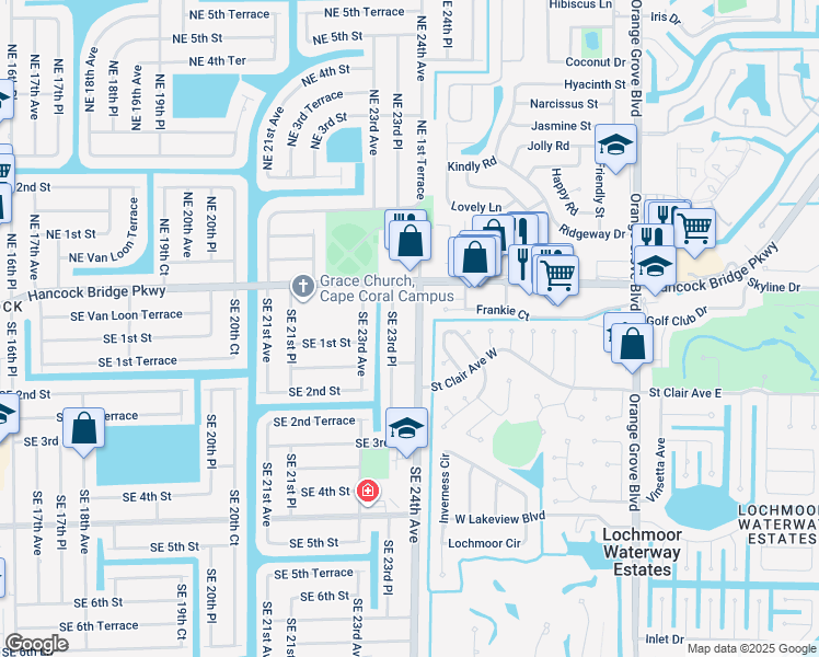 map of restaurants, bars, coffee shops, grocery stores, and more near 104a Southeast 24th Avenue in Cape Coral