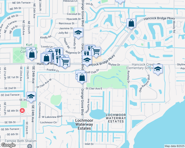map of restaurants, bars, coffee shops, grocery stores, and more near 1739 Golf Club Drive in North Fort Myers