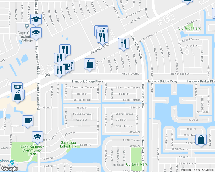 map of restaurants, bars, coffee shops, grocery stores, and more near 109 Southeast 5th Avenue in Cape Coral