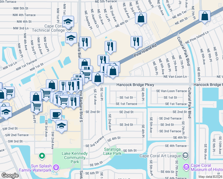 map of restaurants, bars, coffee shops, grocery stores, and more near 109 Southeast 2nd Avenue in Cape Coral