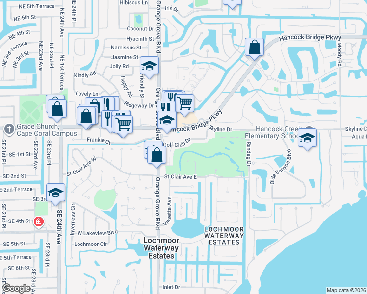 map of restaurants, bars, coffee shops, grocery stores, and more near 1731 Golf Club Drive in North Fort Myers