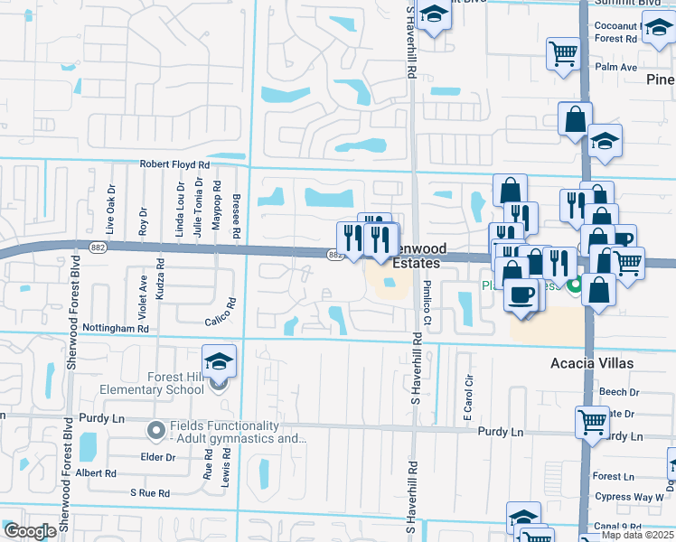 map of restaurants, bars, coffee shops, grocery stores, and more near 1838 Abbey Road in West Palm Beach