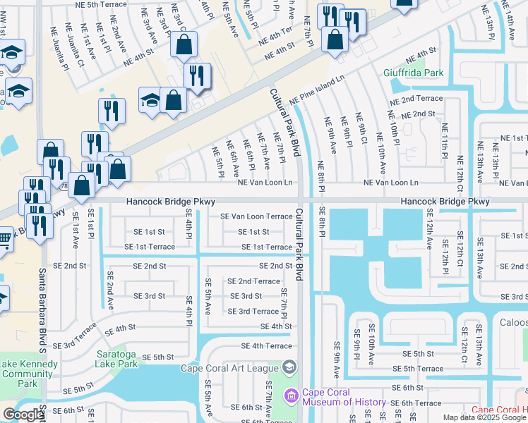 map of restaurants, bars, coffee shops, grocery stores, and more near 606 Southeast Van Loon Terrace in Cape Coral