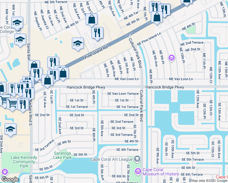 map of restaurants, bars, coffee shops, grocery stores, and more near 521 Southeast 1st Street in Cape Coral