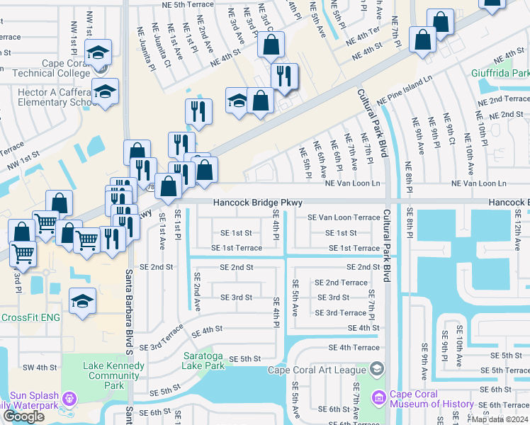 map of restaurants, bars, coffee shops, grocery stores, and more near 119 Southeast 4th Avenue in Cape Coral