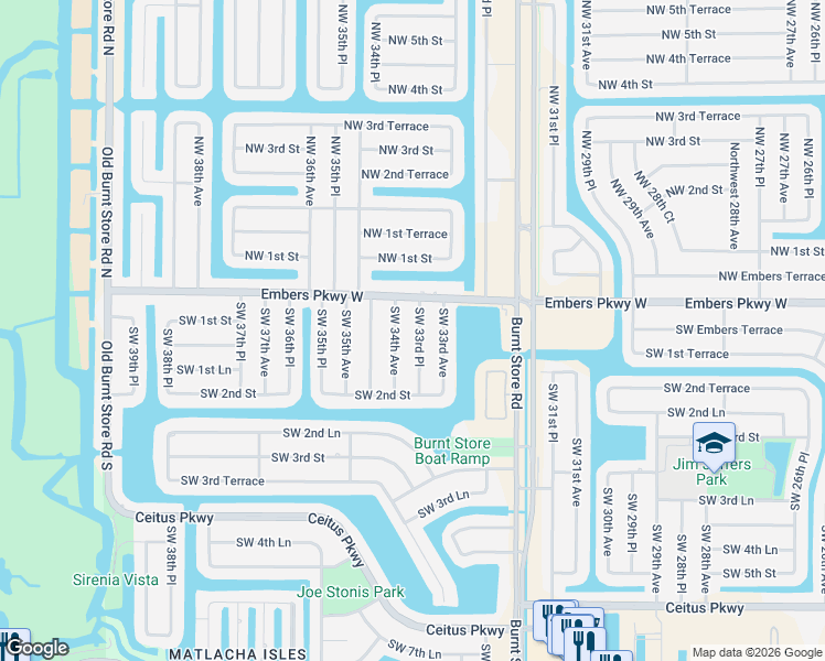 map of restaurants, bars, coffee shops, grocery stores, and more near 118 Southwest 33rd Place in Cape Coral