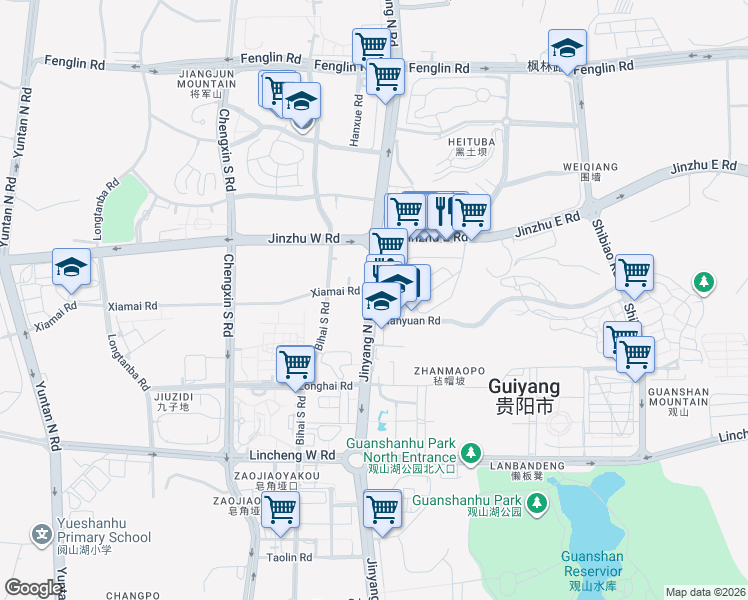 map of restaurants, bars, coffee shops, grocery stores, and more near Jin Yang Bei Lu in Guiyang Shi