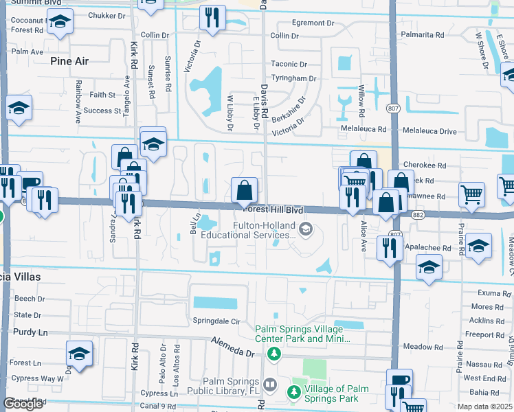 map of restaurants, bars, coffee shops, grocery stores, and more near 3549 Florida 882 in Palm Springs