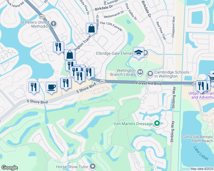 map of restaurants, bars, coffee shops, grocery stores, and more near 11740 Saint Andrews Place in Wellington