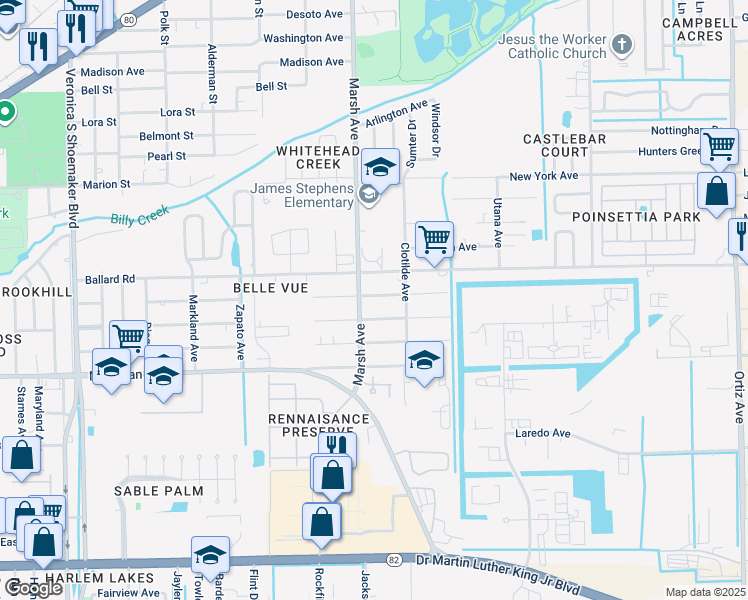 map of restaurants, bars, coffee shops, grocery stores, and more near 332 Louise Avenue in Fort Myers