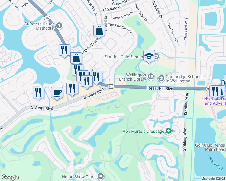 map of restaurants, bars, coffee shops, grocery stores, and more near 11545-11547 Forest Hill Boulevard in Wellington