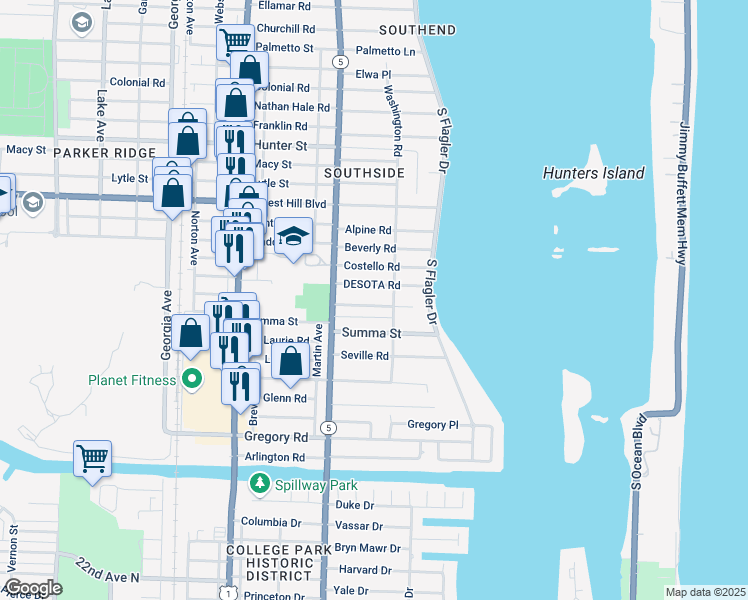 map of restaurants, bars, coffee shops, grocery stores, and more near 229 Desota Road in West Palm Beach