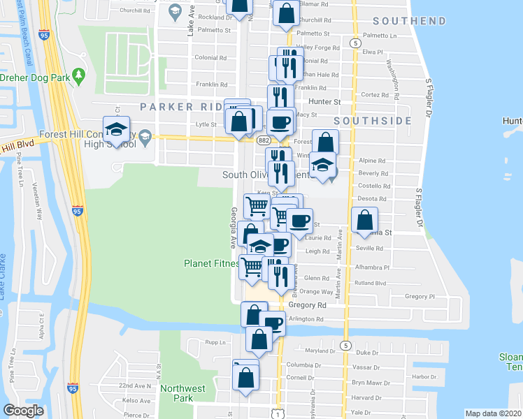 map of restaurants, bars, coffee shops, grocery stores, and more near 444 Kern Street in West Palm Beach