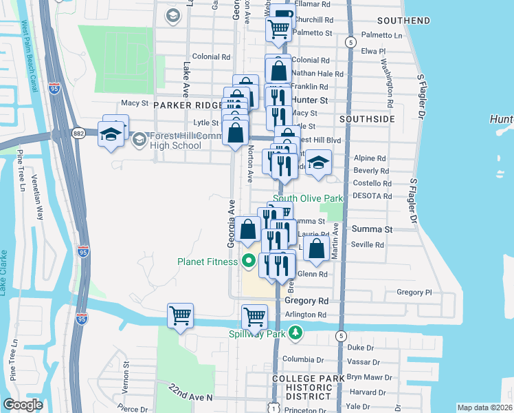 map of restaurants, bars, coffee shops, grocery stores, and more near 444 Kern Street in West Palm Beach