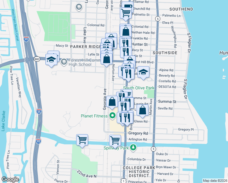 map of restaurants, bars, coffee shops, grocery stores, and more near 444 Kern Street in West Palm Beach