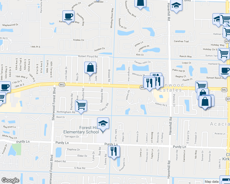 map of restaurants, bars, coffee shops, grocery stores, and more near 5524 Forest Hill Boulevard in West Palm Beach