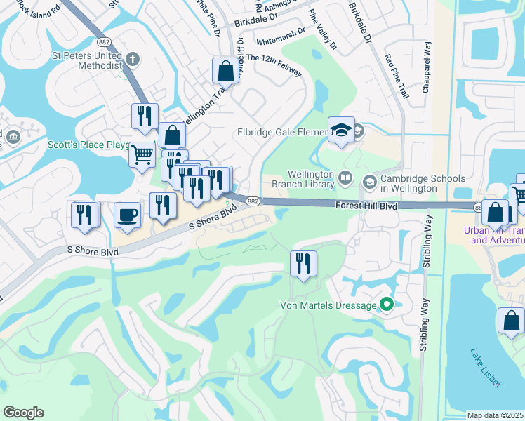 map of restaurants, bars, coffee shops, grocery stores, and more near 11545-11547 Forest Hill Boulevard in Wellington
