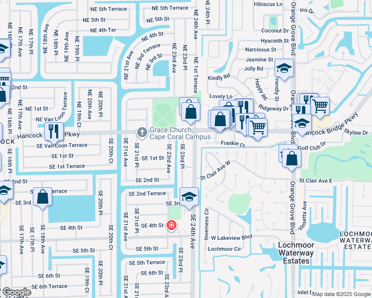 map of restaurants, bars, coffee shops, grocery stores, and more near 10 Southeast 23rd Place in Cape Coral