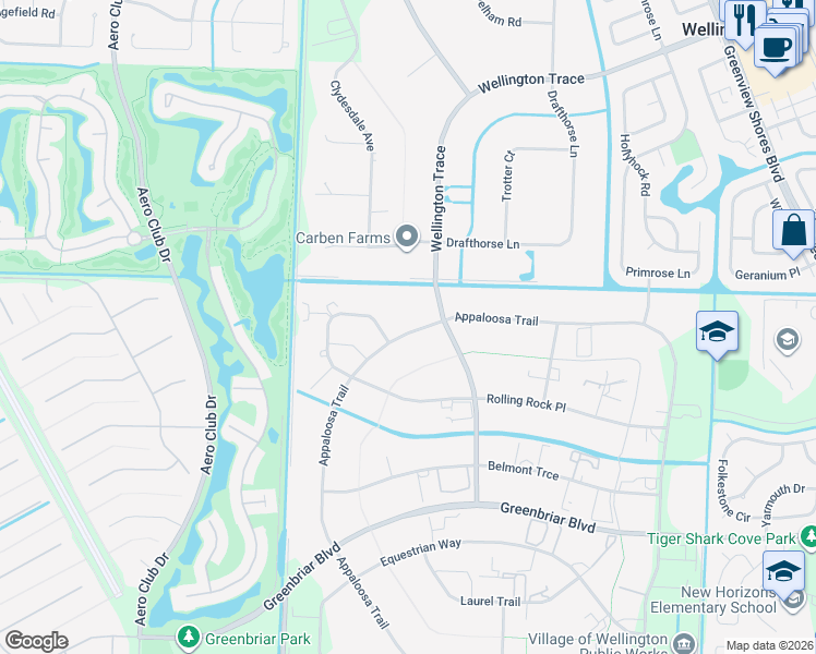 map of restaurants, bars, coffee shops, grocery stores, and more near 14489 Wellington Trace in Wellington