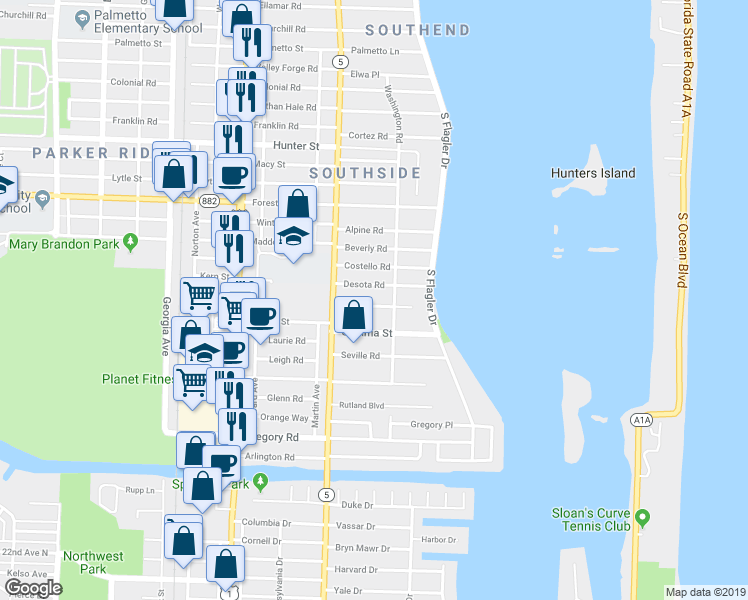 map of restaurants, bars, coffee shops, grocery stores, and more near 229 Desota Road in West Palm Beach