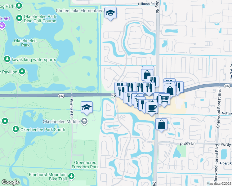 map of restaurants, bars, coffee shops, grocery stores, and more near 50 Olive Tree Circle in West Palm Beach