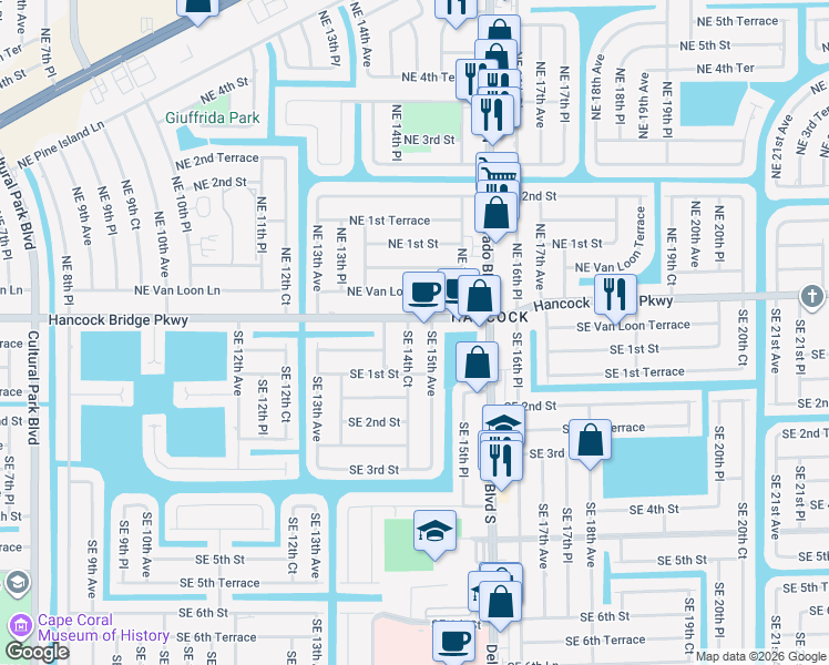 map of restaurants, bars, coffee shops, grocery stores, and more near 7 Southeast 14th Court in Cape Coral