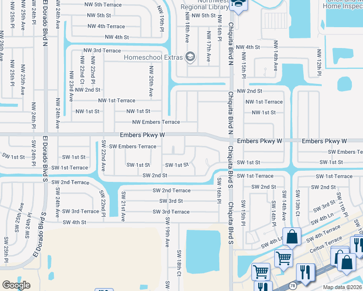map of restaurants, bars, coffee shops, grocery stores, and more near 1728 Embers Parkway West in Cape Coral