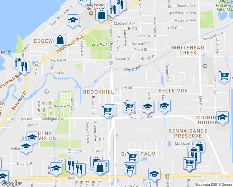 map of restaurants, bars, coffee shops, grocery stores, and more near 307 Clara Street in Fort Myers