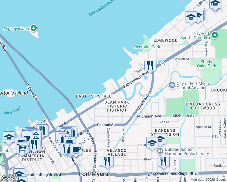 map of restaurants, bars, coffee shops, grocery stores, and more near 2745 First Street in Fort Myers