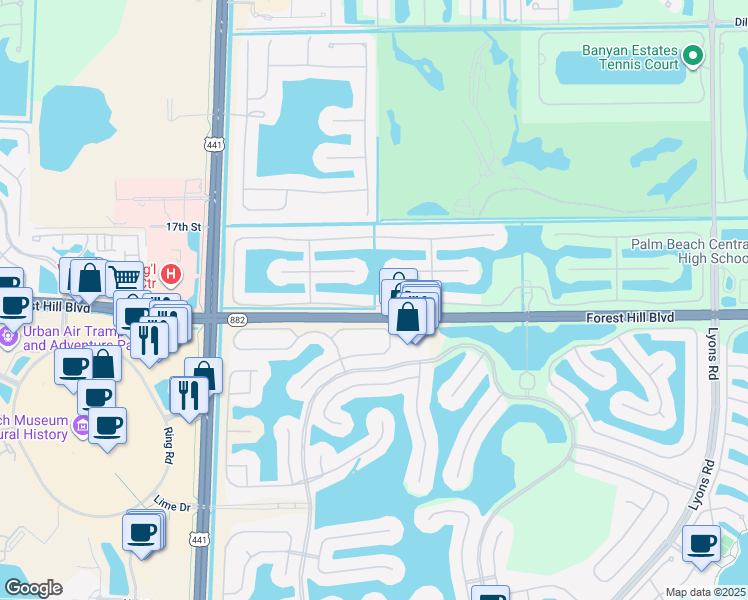 map of restaurants, bars, coffee shops, grocery stores, and more near 9497 Via Grande West in Wellington