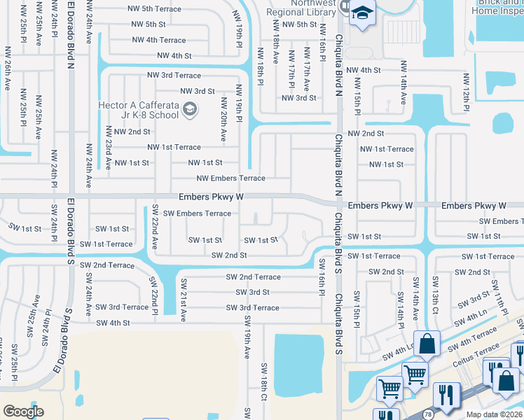 map of restaurants, bars, coffee shops, grocery stores, and more near 1818 Embers Parkway West in Cape Coral
