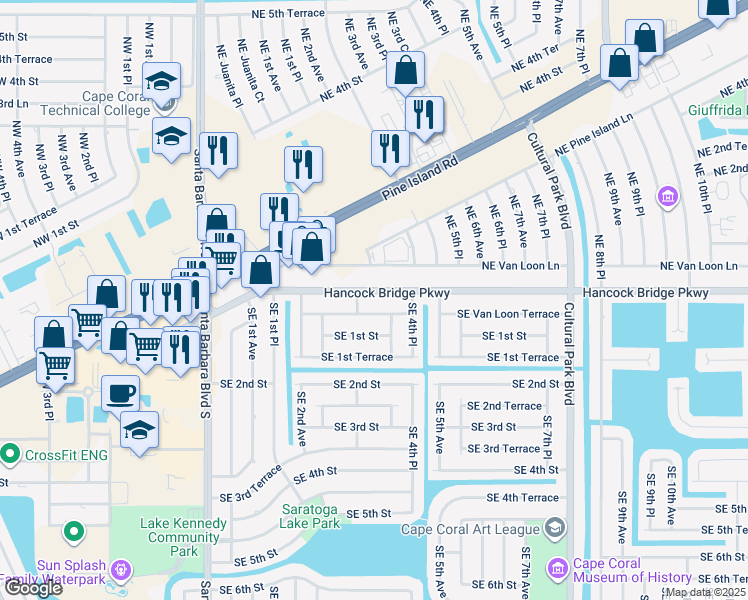 map of restaurants, bars, coffee shops, grocery stores, and more near 303 Hancock Bridge Parkway in Cape Coral