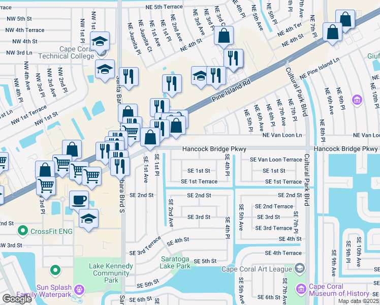 map of restaurants, bars, coffee shops, grocery stores, and more near 221 Hancock Bridge Parkway in Cape Coral