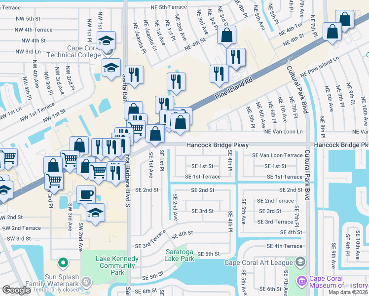 map of restaurants, bars, coffee shops, grocery stores, and more near 221 Hancock Bridge Parkway in Cape Coral
