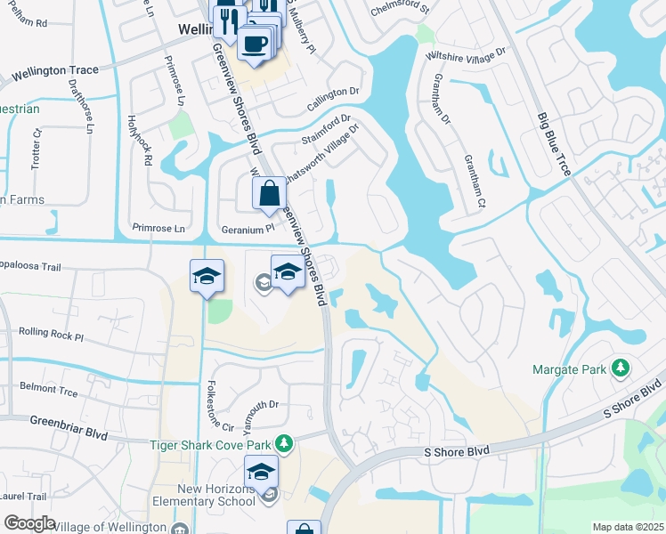 map of restaurants, bars, coffee shops, grocery stores, and more near 2044 Greenview Shores Boulevard in Wellington