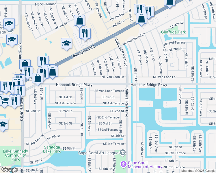 map of restaurants, bars, coffee shops, grocery stores, and more near 604 Hancock Bridge Parkway in Cape Coral