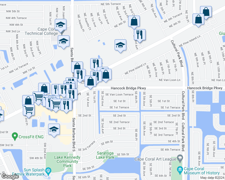 map of restaurants, bars, coffee shops, grocery stores, and more near 222 Hancock Bridge Parkway in Cape Coral