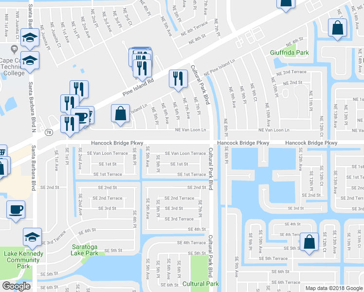 map of restaurants, bars, coffee shops, grocery stores, and more near 608 Hancock Bridge Parkway in Cape Coral
