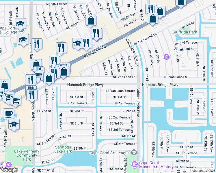 map of restaurants, bars, coffee shops, grocery stores, and more near 521 Hancock Bridge Parkway in Cape Coral