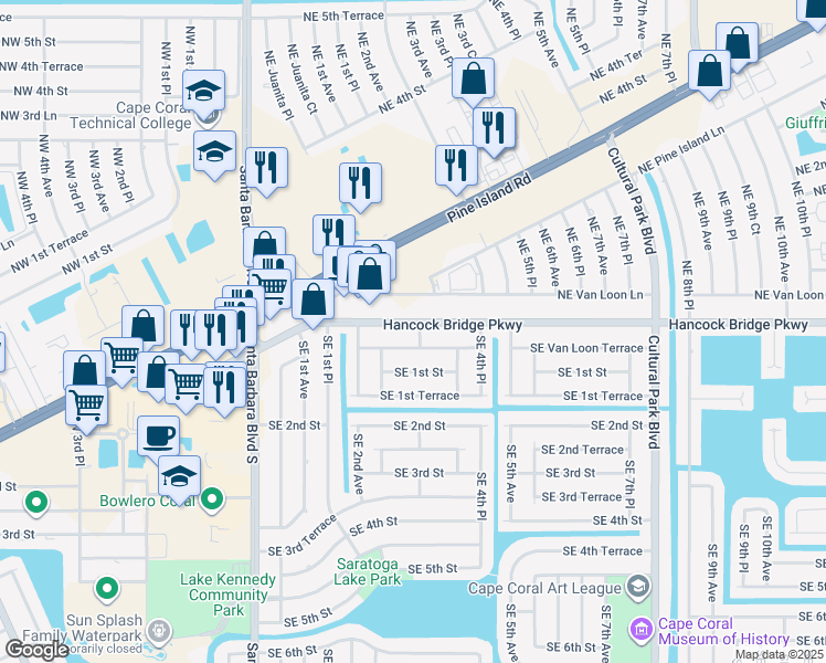 map of restaurants, bars, coffee shops, grocery stores, and more near 232 Hancock Bridge Parkway in Cape Coral