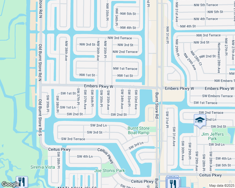 map of restaurants, bars, coffee shops, grocery stores, and more near 5 Southwest 34th Place in Cape Coral