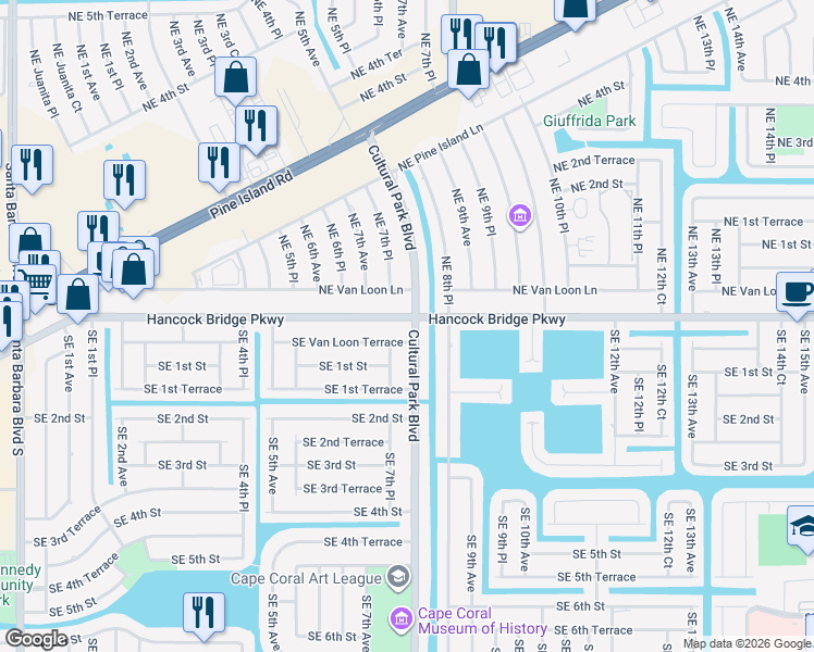 map of restaurants, bars, coffee shops, grocery stores, and more near in Cape Coral