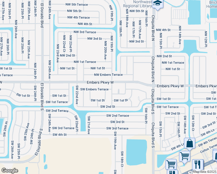map of restaurants, bars, coffee shops, grocery stores, and more near 1905 Southwest Embers Terrace in Cape Coral